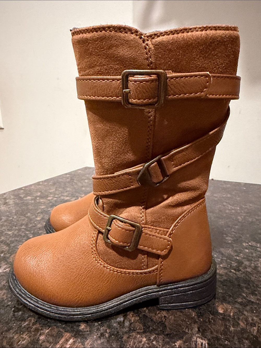 Baby Tan Mid-Calf Buckle Boots- By Rachel Shoes- BABY/ TODDLER SIZE 7